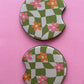 Groovy Green Check and Pink Daisy Car Coasters