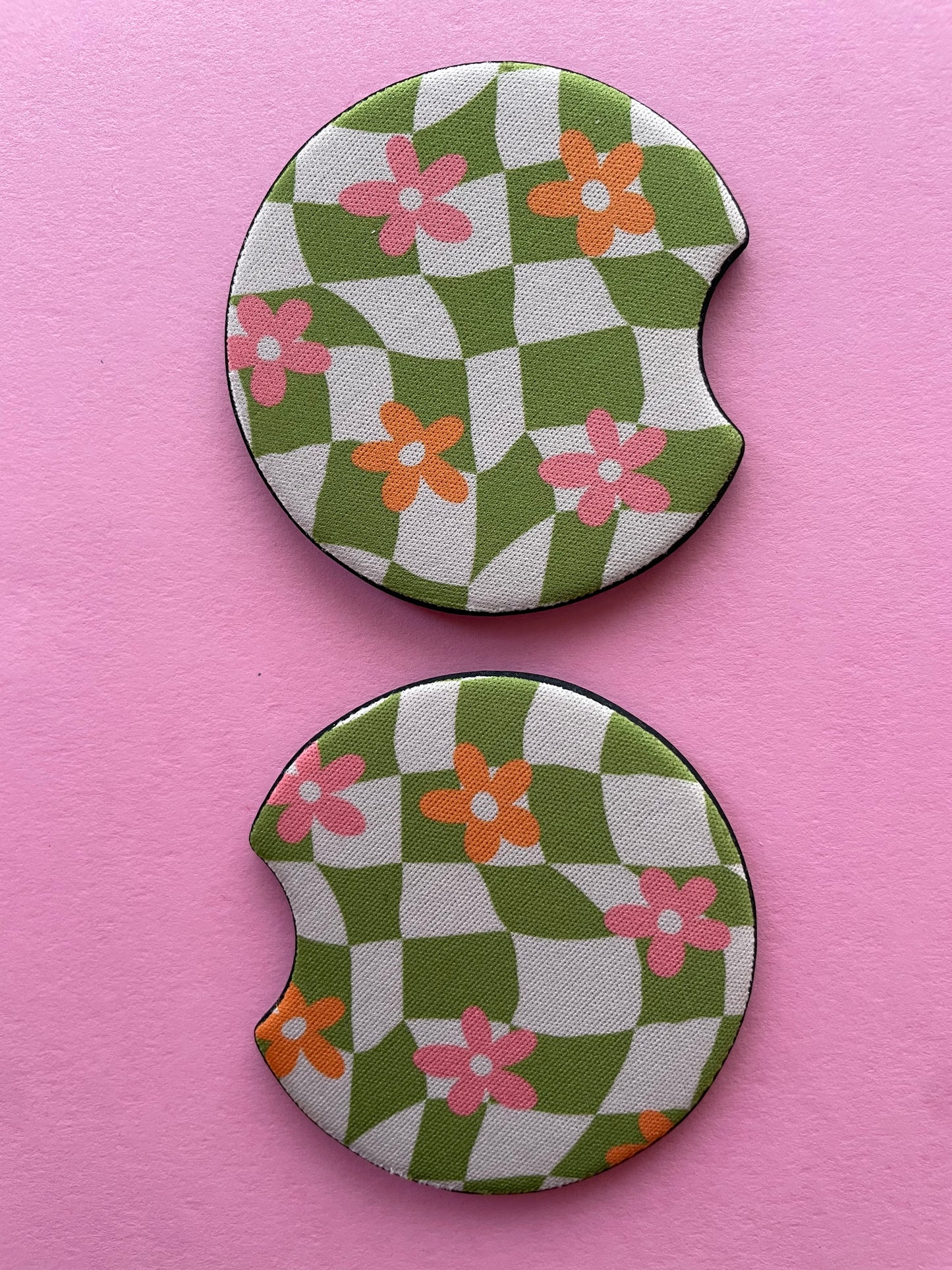 Groovy Green Check and Pink Daisy Car Coasters