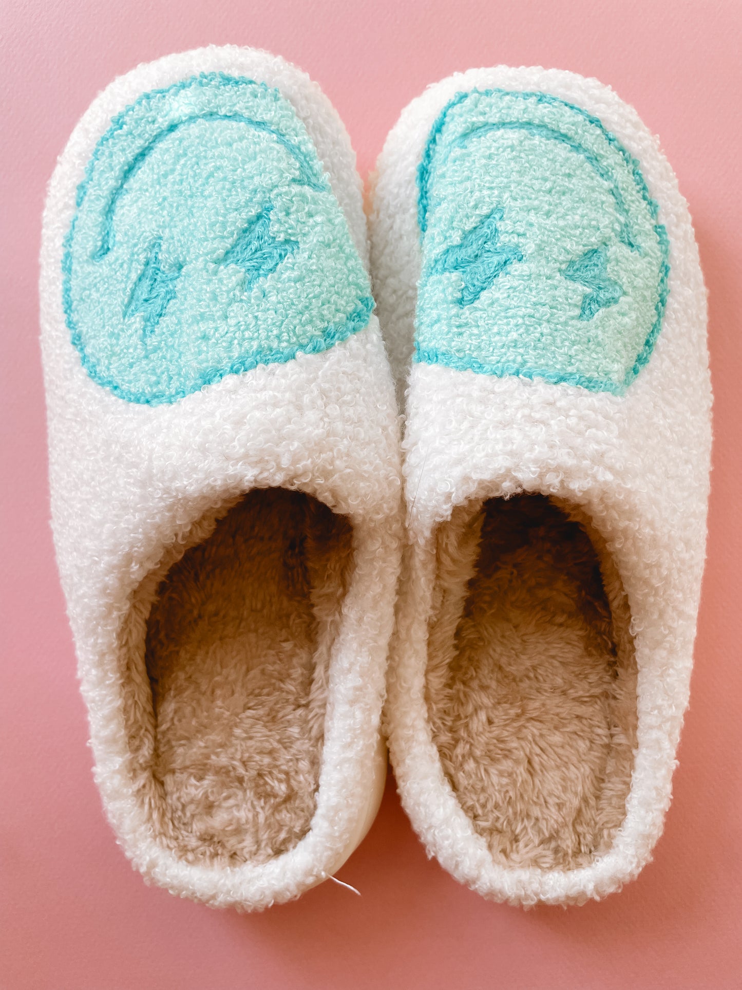 Turquoise and White Lightning Happy Slippers