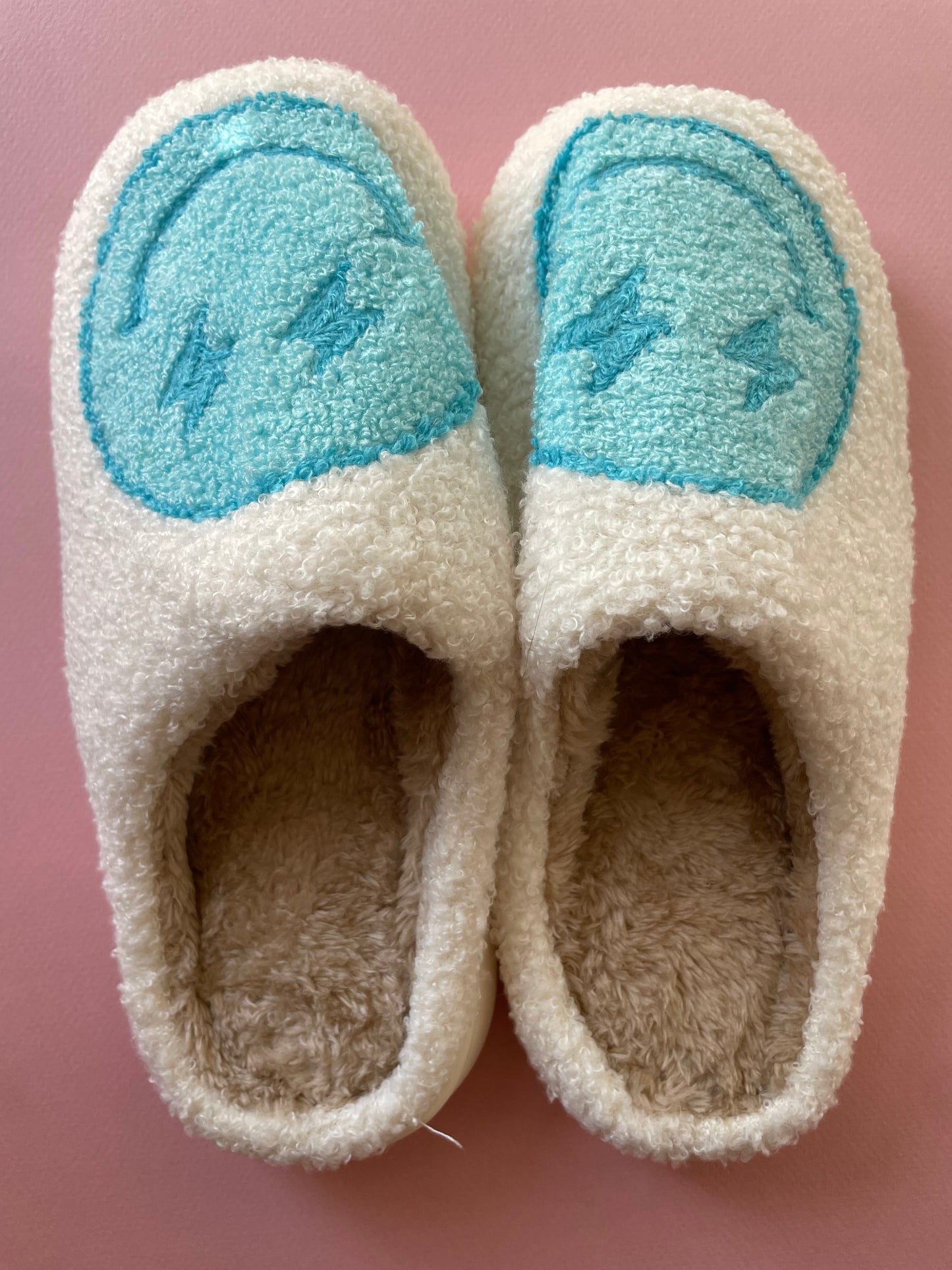 Turquoise and White Lightning Happy Slippers