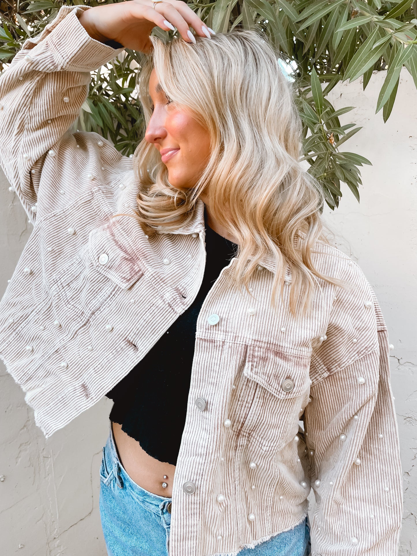 Washed Corduroy Pearl Studded Crop Jacket