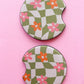 Groovy Green Check and Pink Daisy Car Coasters