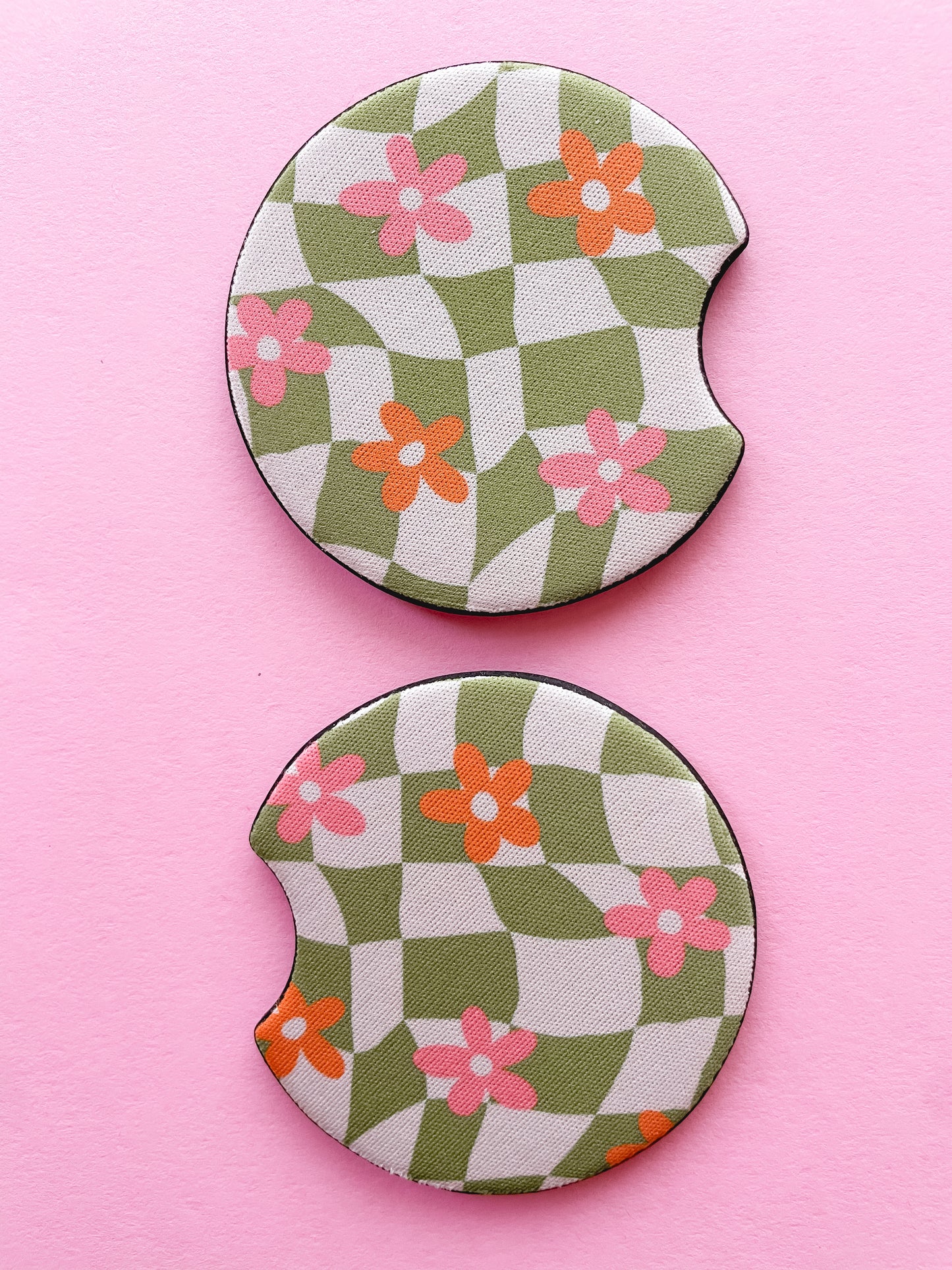 Groovy Green Check and Pink Daisy Car Coasters