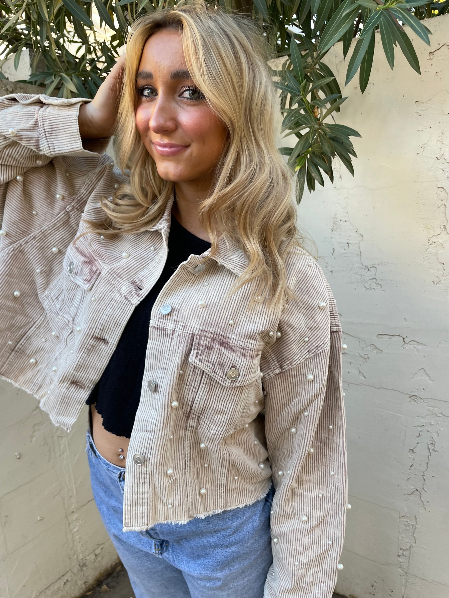 Washed Corduroy Pearl Studded Crop Jacket