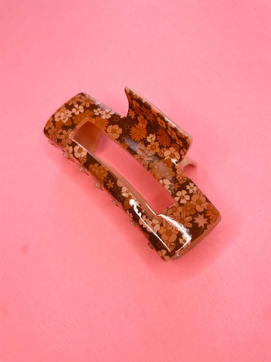 Brown Retro Floral Claw Clip