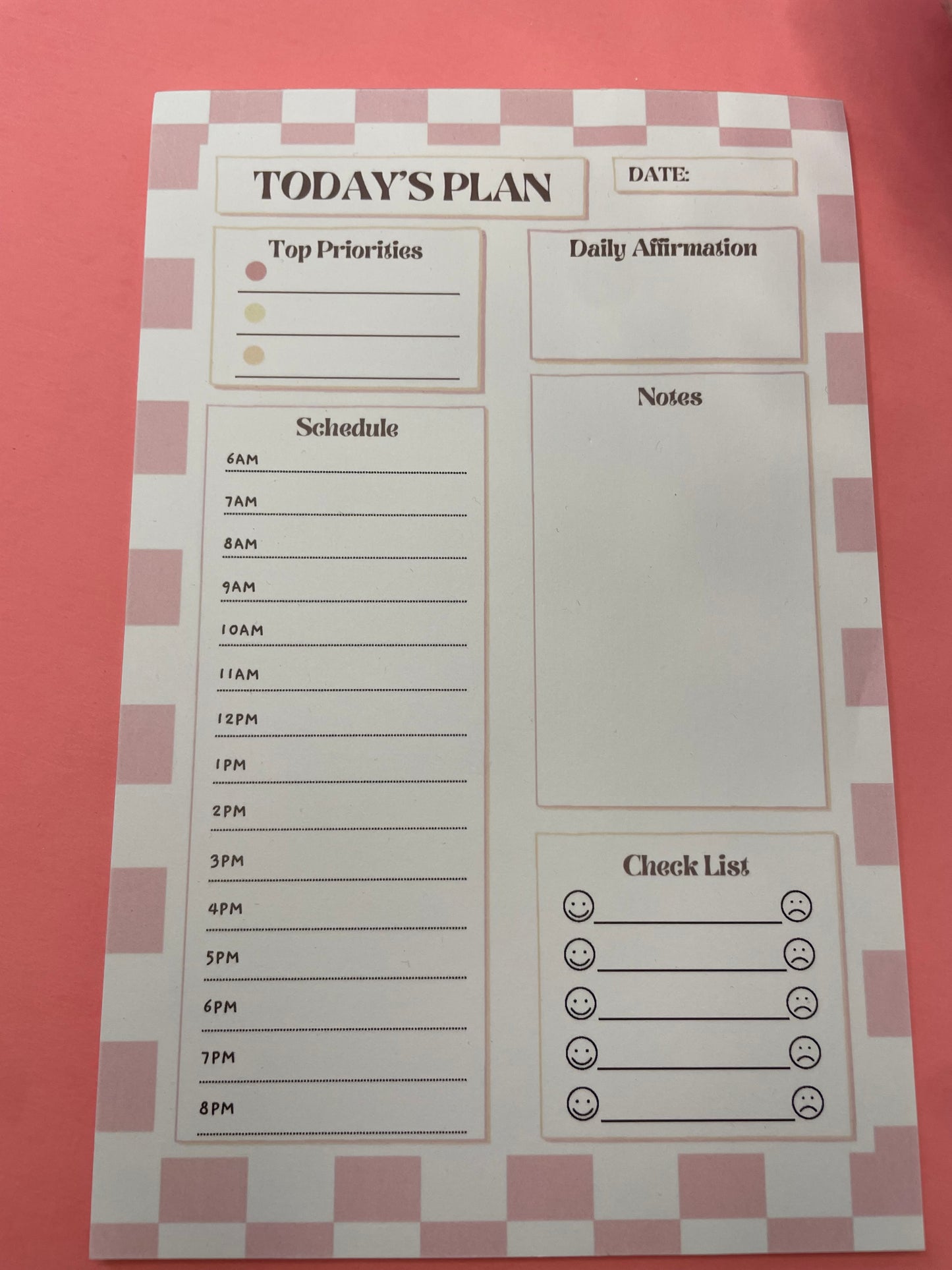 Pink Checkered Notepad Schedule Planner
